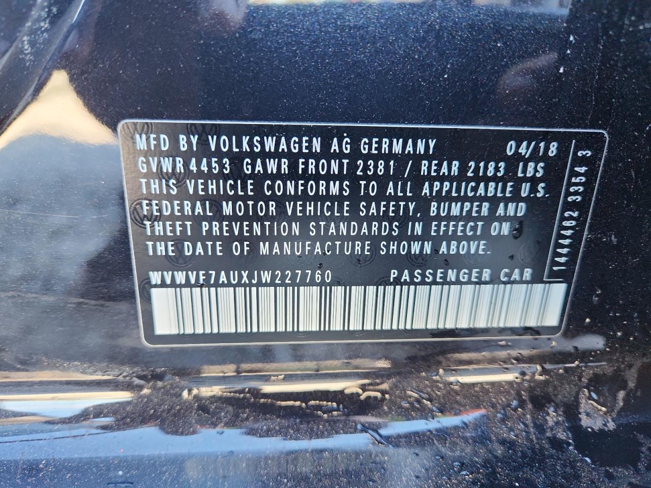 2018 Volkswagen Golf R VIN: WVWVF7AUXJW227760 Lot: 92059145