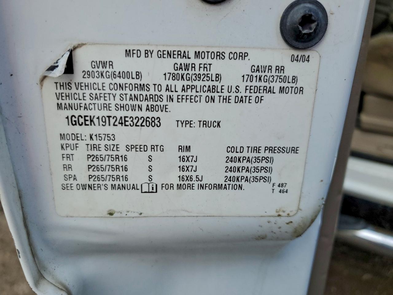 2004 Chevrolet Silverado K1500 VIN: 1GCEK19T24E322683 Lot: 94080995