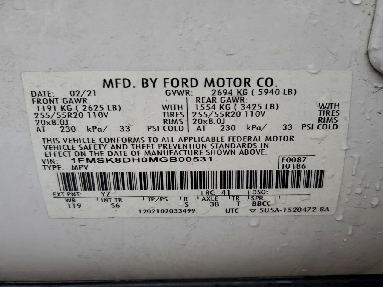 2021 Ford Explorer Xlt VIN: 1FMSK8DH0MGB00531 Lot: 93643345