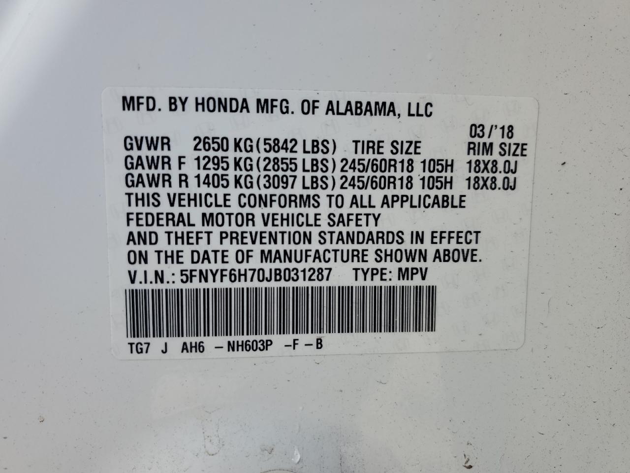 2018 Honda Pilot Exln VIN: 5FNYF6H70JB031287 Lot: 92331235