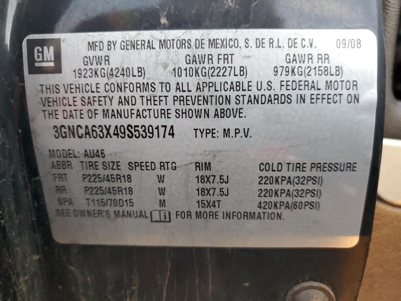 2009 Chevrolet Hhr Ss VIN: 3GNCA63X49S539174 Lot: 91567735