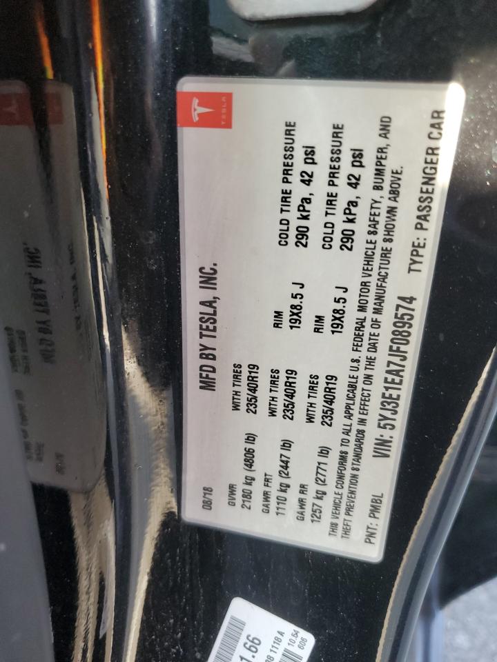 2018 Tesla Model 3 VIN: 5YJ3E1EA7JF089574 Lot: 91313275