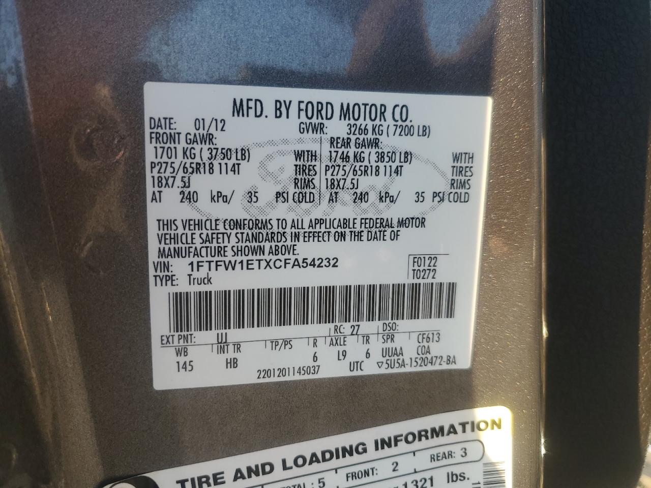 2012 Ford F150 Supercrew VIN: 1FTFW1ETXCFA54232 Lot: 91703755