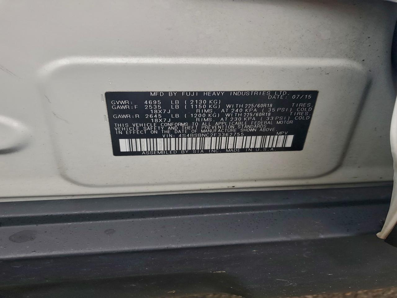 2015 Subaru Outback 2.5I Limited VIN: 4S4BSBNC2F3362755 Lot: 93976615