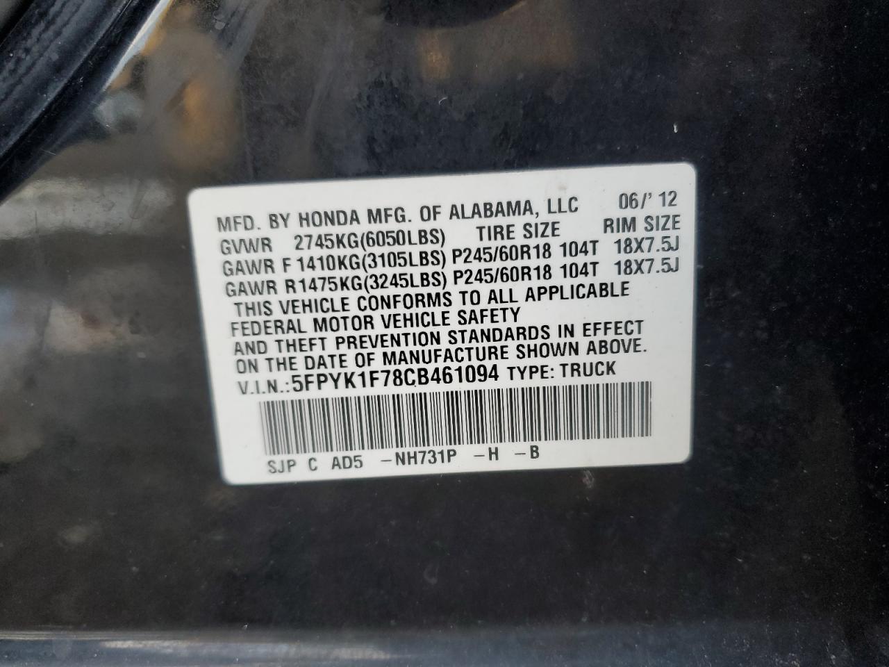 2012 Honda Ridgeline Sport VIN: 5FPYK1F78CB461094 Lot: 92273015