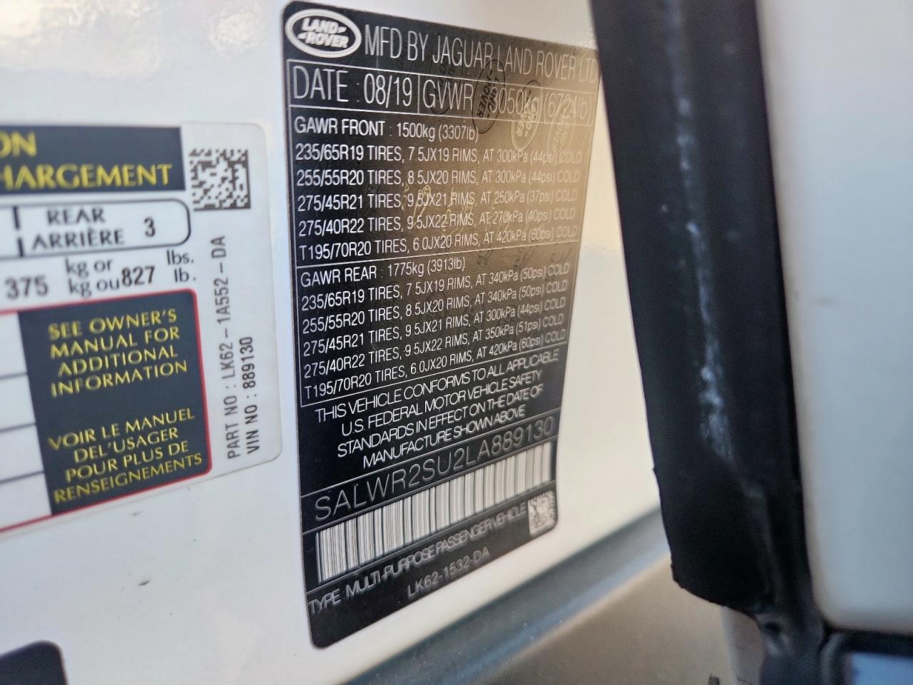 2020 Land Rover Range Rover Sport Hse VIN: SALWR2SU2LA889130 Lot: 92920375