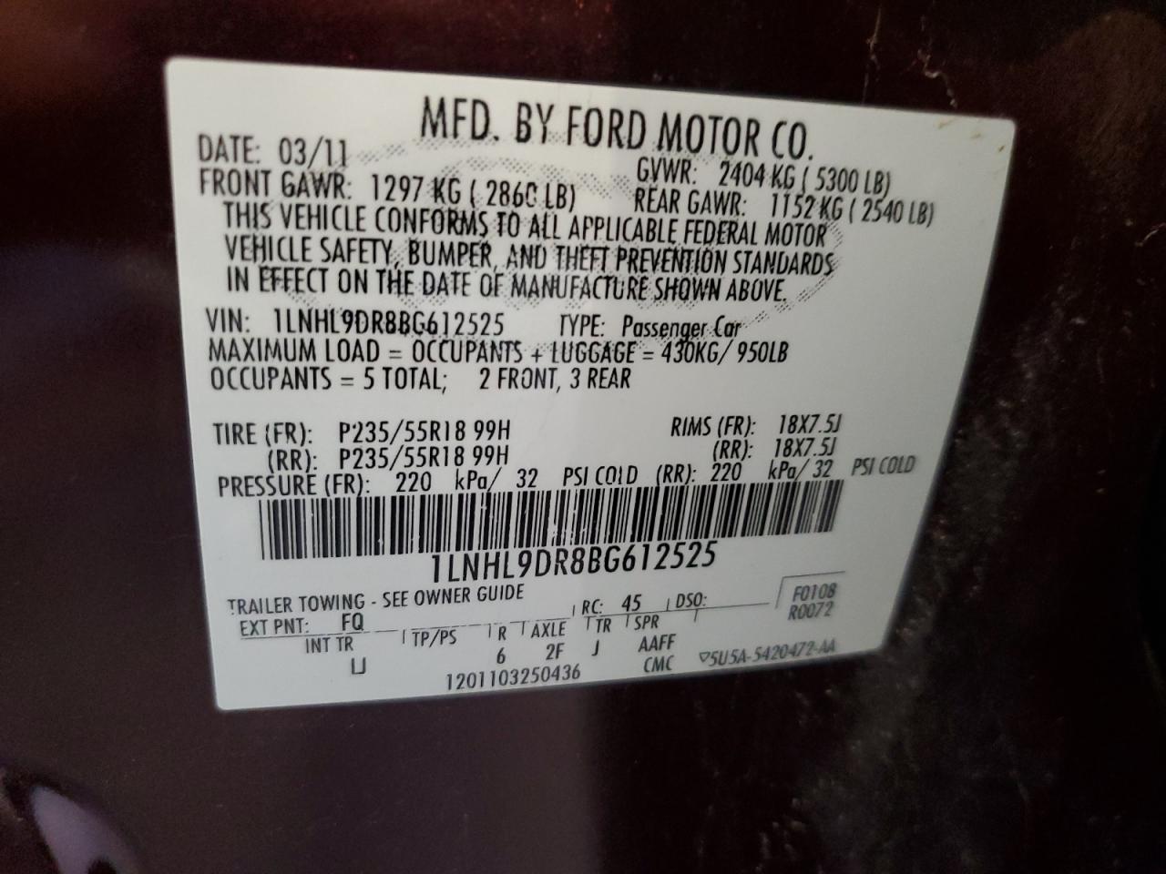 2011 Lincoln Mks VIN: 1LNHL9DR8BG612525 Lot: 90721175