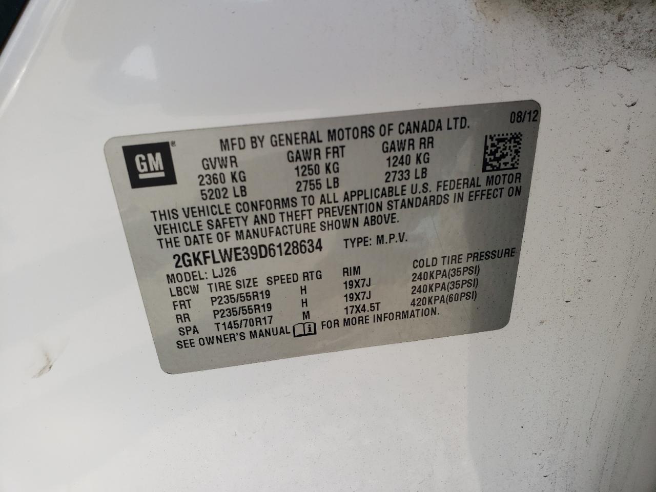 2013 GMC Terrain Slt VIN: 2GKFLWE39D6128634 Lot: 92295115