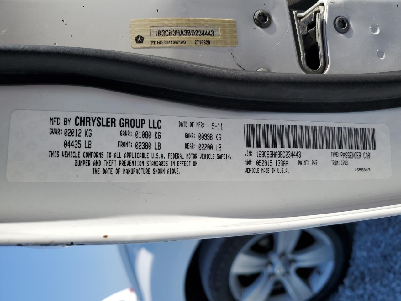 2011 Dodge Caliber Mainstreet VIN: 1B3CB3HA3BD234443 Lot: 93010075