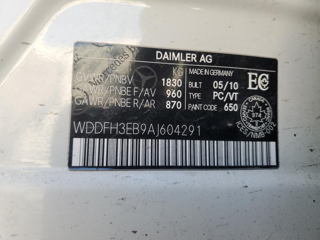 2010 Mercedes-Benz B200 T VIN: WDDFH3EB9AJ604291 Lot: 93632015