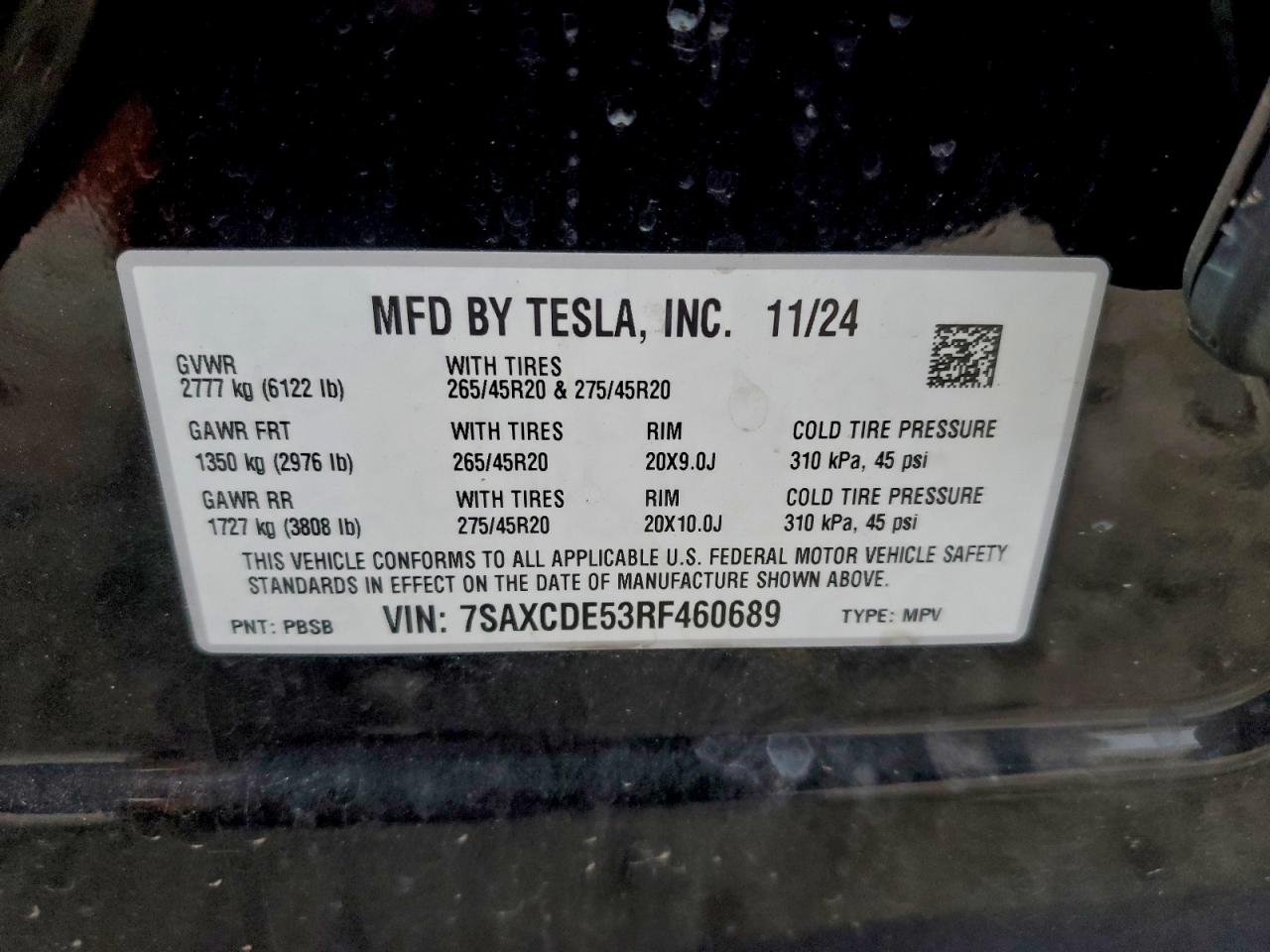 2024 Tesla Model X VIN: 7SAXCDE53RF460689 Lot: 92485555