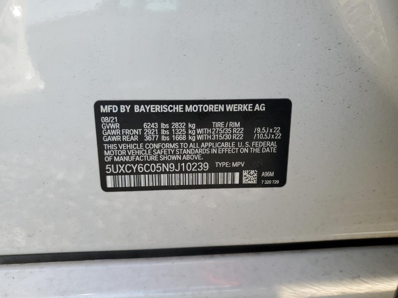 2022 BMW X6 xDrive40I VIN: 5UXCY6C05N9J10239 Lot: 93367995