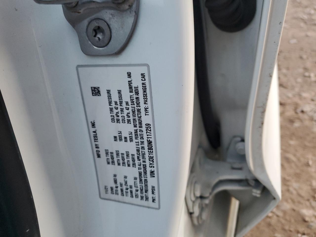 2022 Tesla Model 3 VIN: 5YJ3E1EB0NF117259 Lot: 93632425