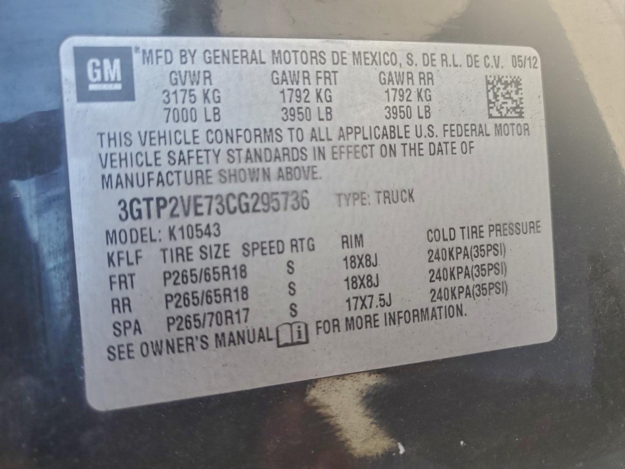 2012 GMC Sierra K1500 Sle VIN: 3GTP2VE73CG295736 Lot: 91098025