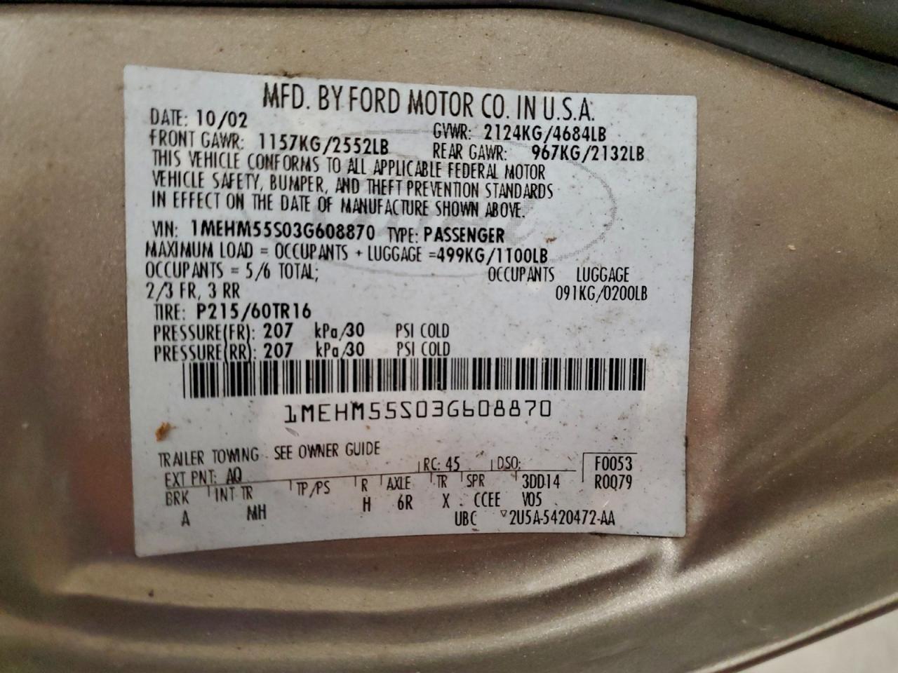 2003 Mercury Sable Ls Premium VIN: 1MEHM55S03G608870 Lot: 94600975