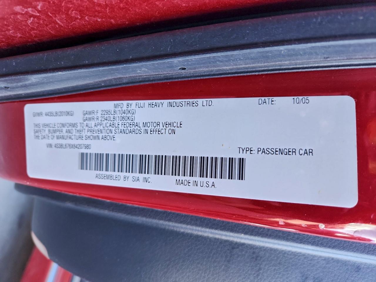 2006 Subaru Legacy Gt Limited VIN: 4S3BL676X64207980 Lot: 91356855