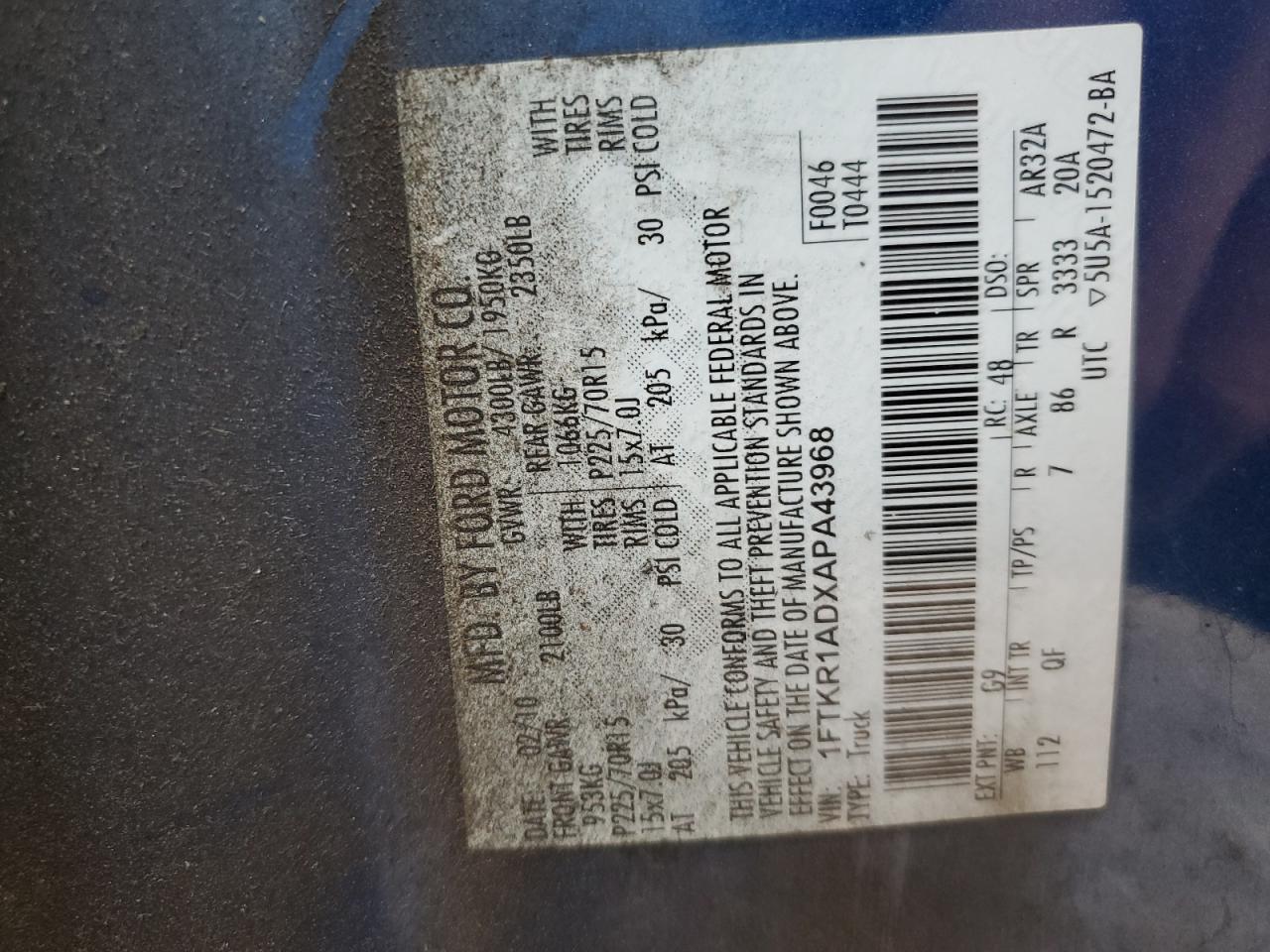 2010 Ford Ranger VIN: 1FTKR1ADXAPA43968 Lot: 91453055