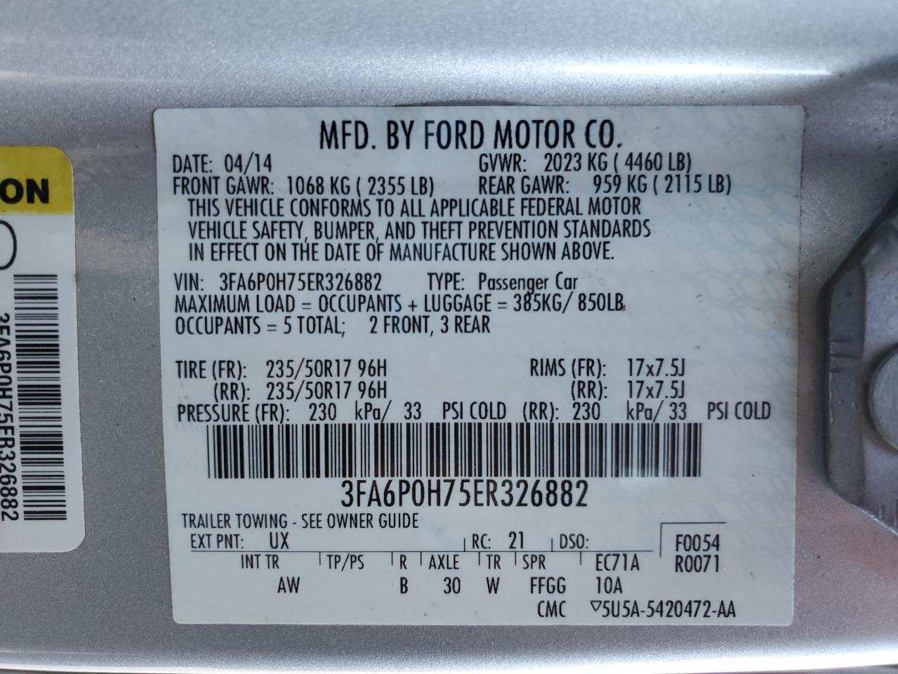 2014 Ford Fusion Se VIN: 3FA6P0H75ER326882 Lot: 91979525