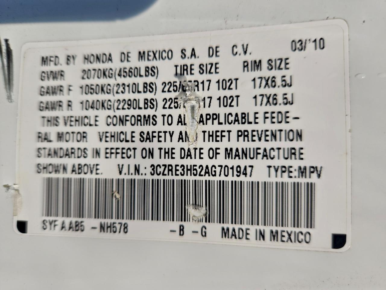 2010 Honda Cr-V Ex VIN: 3CZRE3H52AG701947 Lot: 93653765