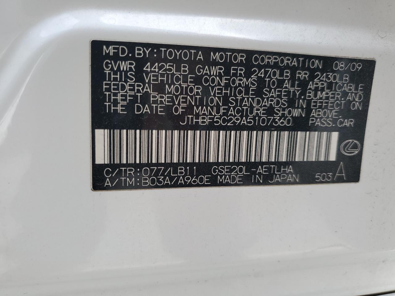 2010 Lexus Is 250 VIN: JTHBF5C29A5107360 Lot: 93223425