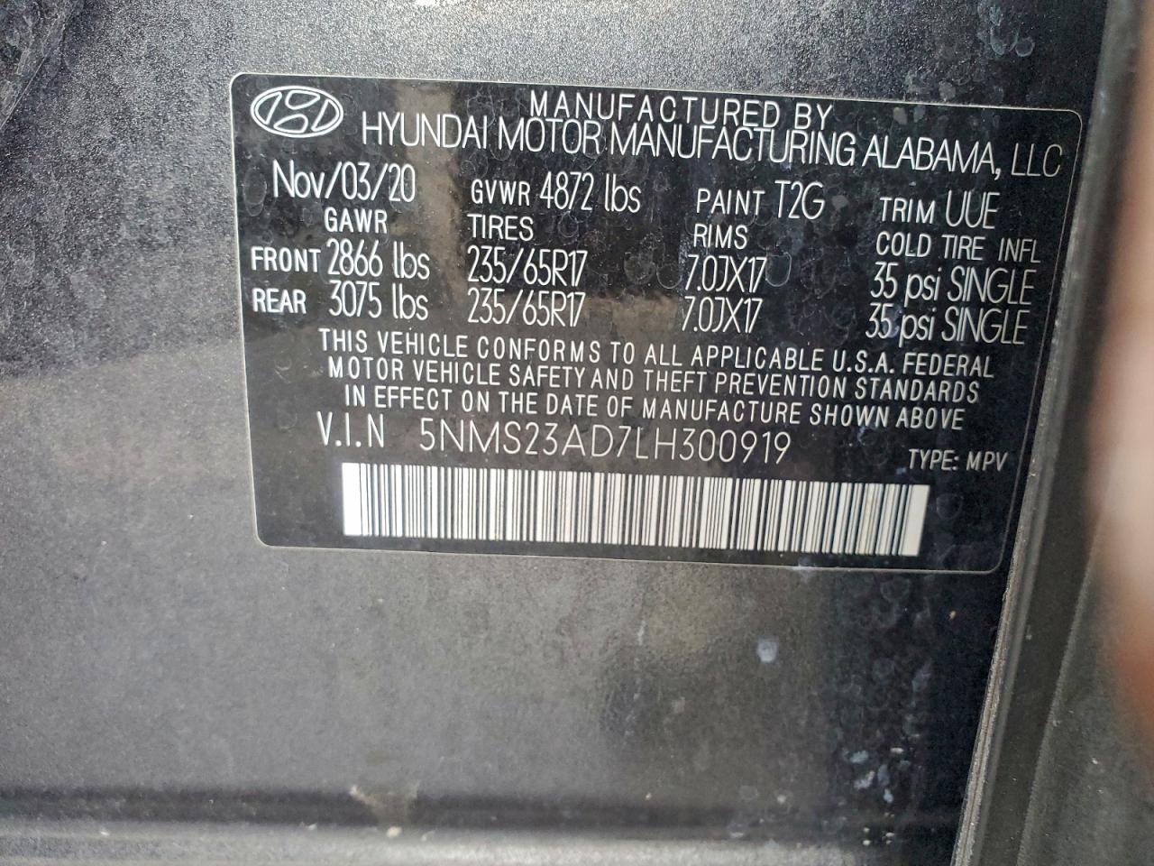 2020 Hyundai Santa Fe Se VIN: 5NMS23AD7LH300919 Lot: 94665615