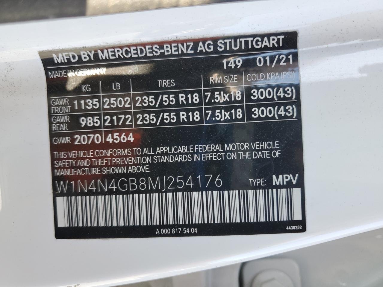 2021 Mercedes-Benz Gla 250 VIN: W1N4N4GB8MJ254176 Lot: 92478515