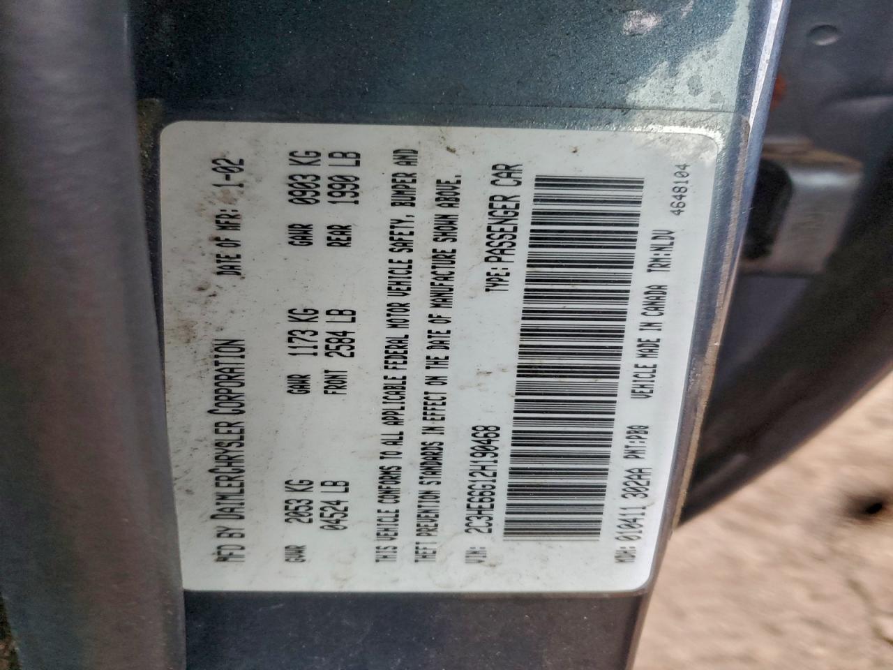 2002 Chrysler 300M VIN: 2C3HE66G12H190468 Lot: 93414845