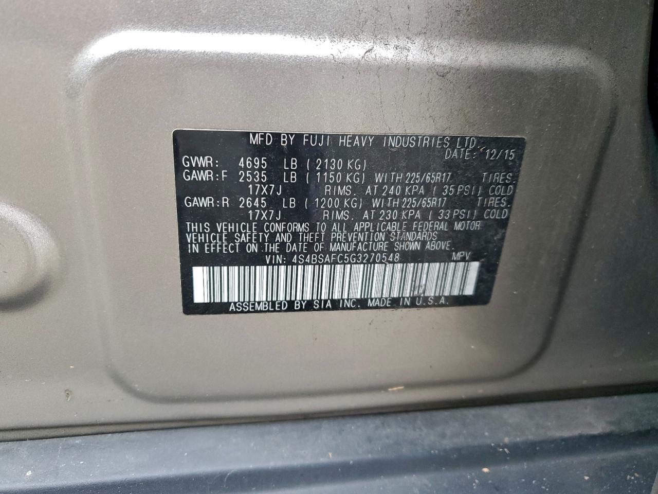 2016 Subaru Outback 2.5I Premium VIN: 4S4BSAFC5G3270548 Lot: 93319955