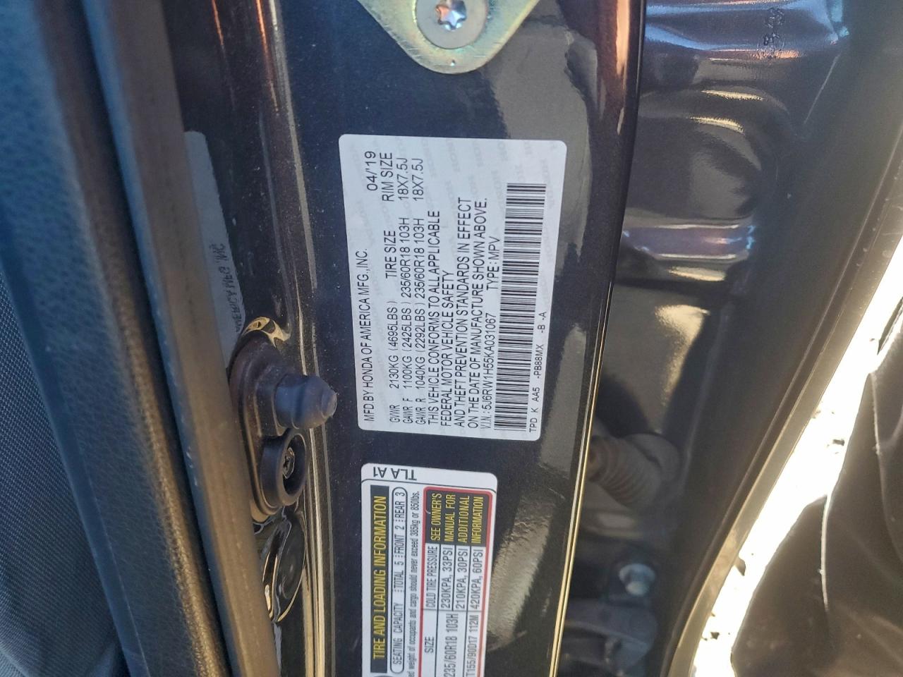 2019 Honda Cr-V Ex VIN: 5J6RW1H55KA031067 Lot: 94794155