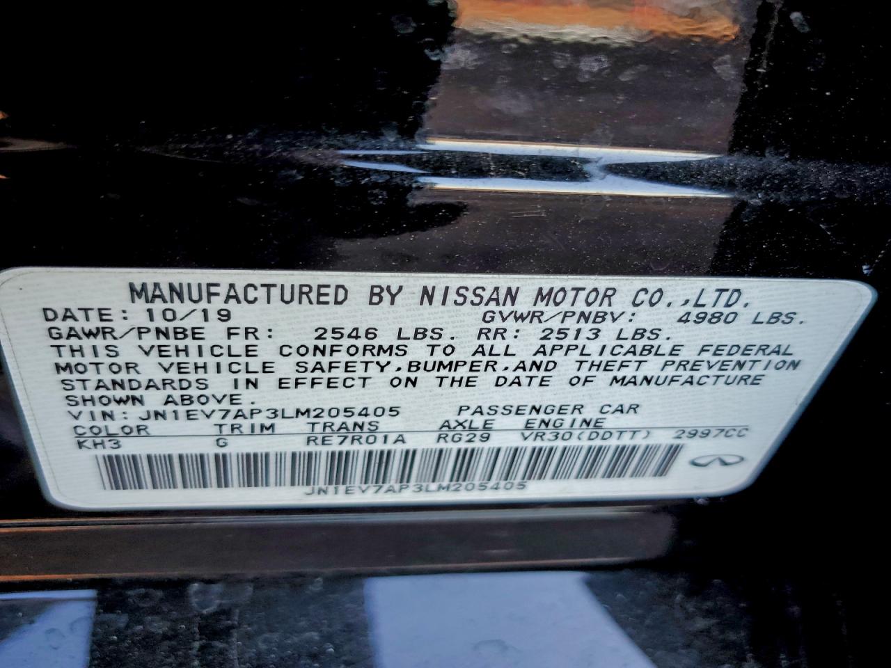 2020 Infiniti Q50 Pure VIN: JN1EV7AP3LM205405 Lot: 94302655