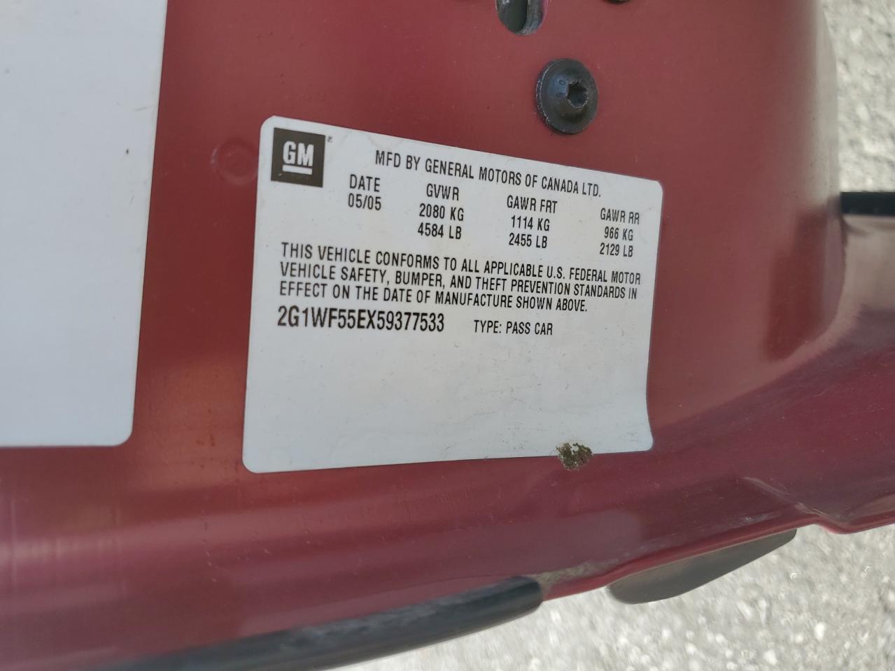 2005 Chevrolet Impala VIN: 2G1WF55EX59377533 Lot: 91299245