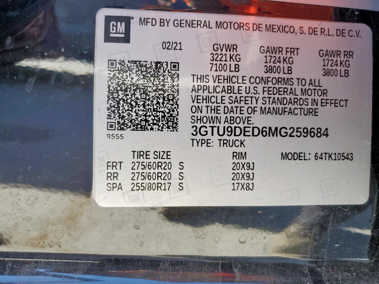 2021 GMC Sierra K1500 Slt VIN: 3GTU9DED6MG259684 Lot: 91295065