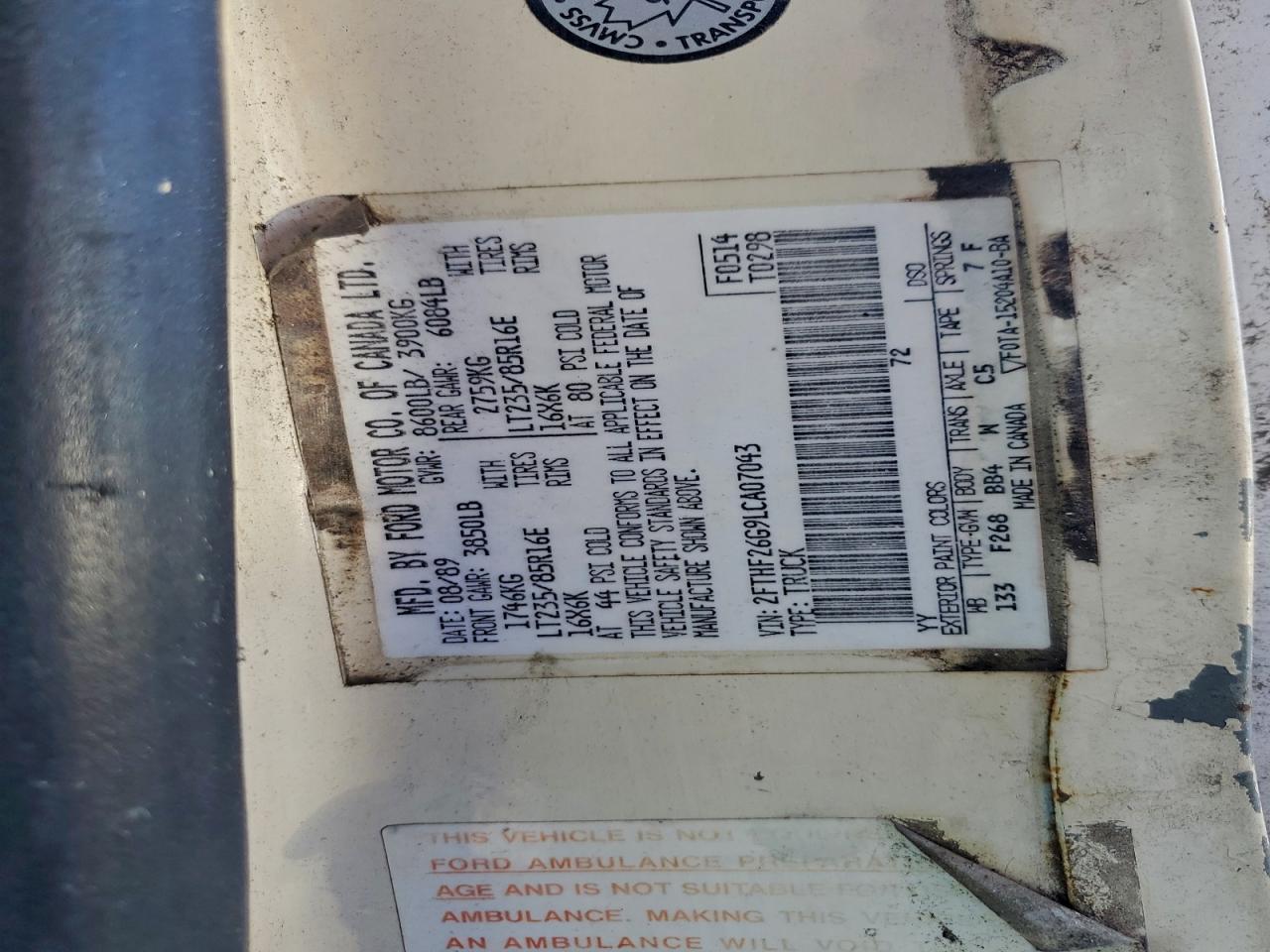 1990 Ford F250 VIN: 2FTHF26G9LCA07043 Lot: 93958225