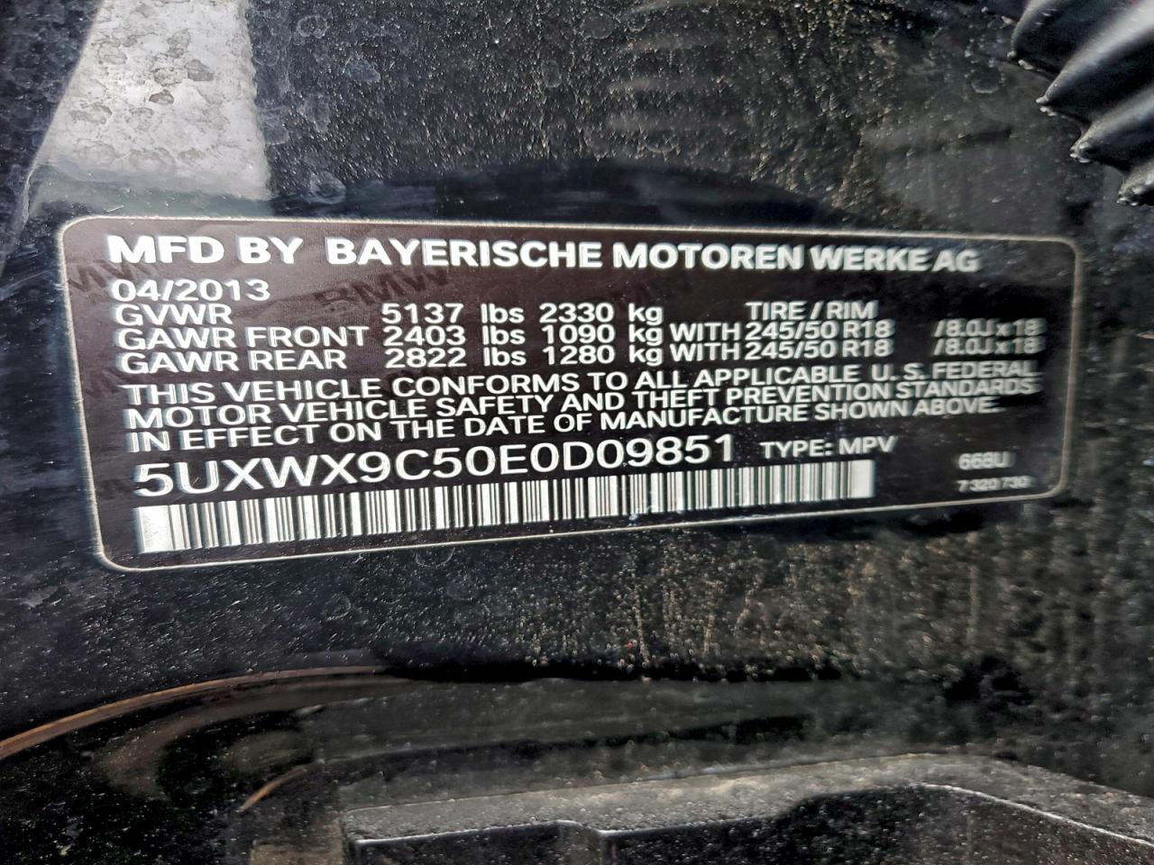 2014 BMW X3 xDrive28I VIN: 5UXWX9C50E0D09851 Lot: 94035065