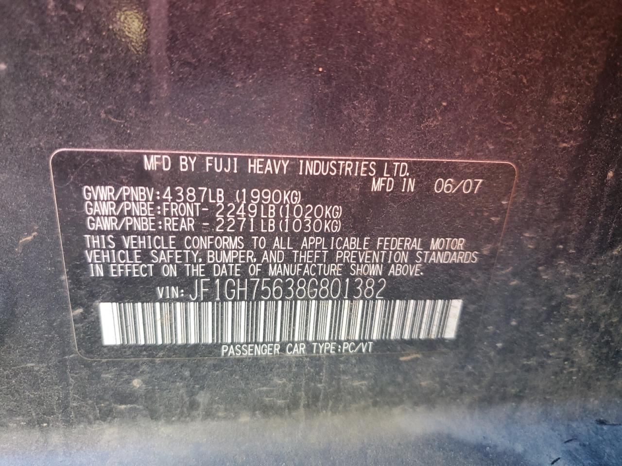 2008 Subaru Impreza Wrx Premium VIN: JF1GH75638G801382 Lot: 90880395