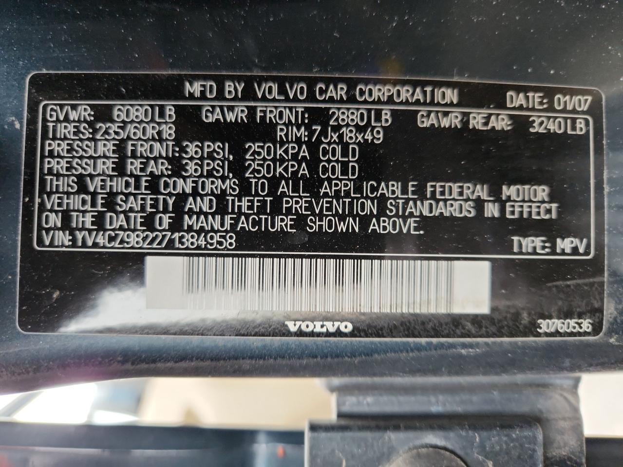 2007 Volvo Xc90 3.2 VIN: YV4CZ982271384958 Lot: 93631625