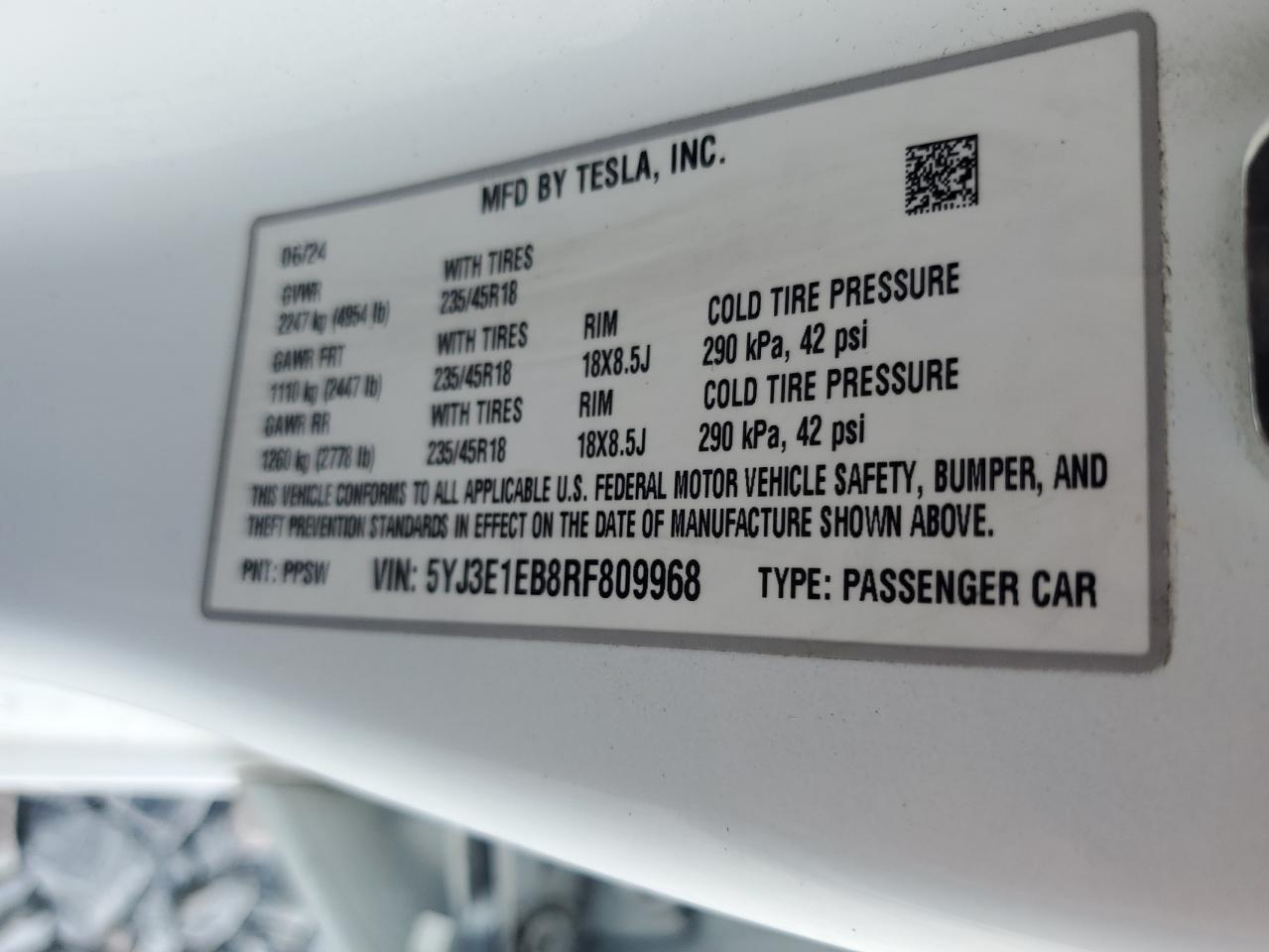 2024 Tesla Model 3 VIN: 5YJ3E1EB8RF809968 Lot: 92252855