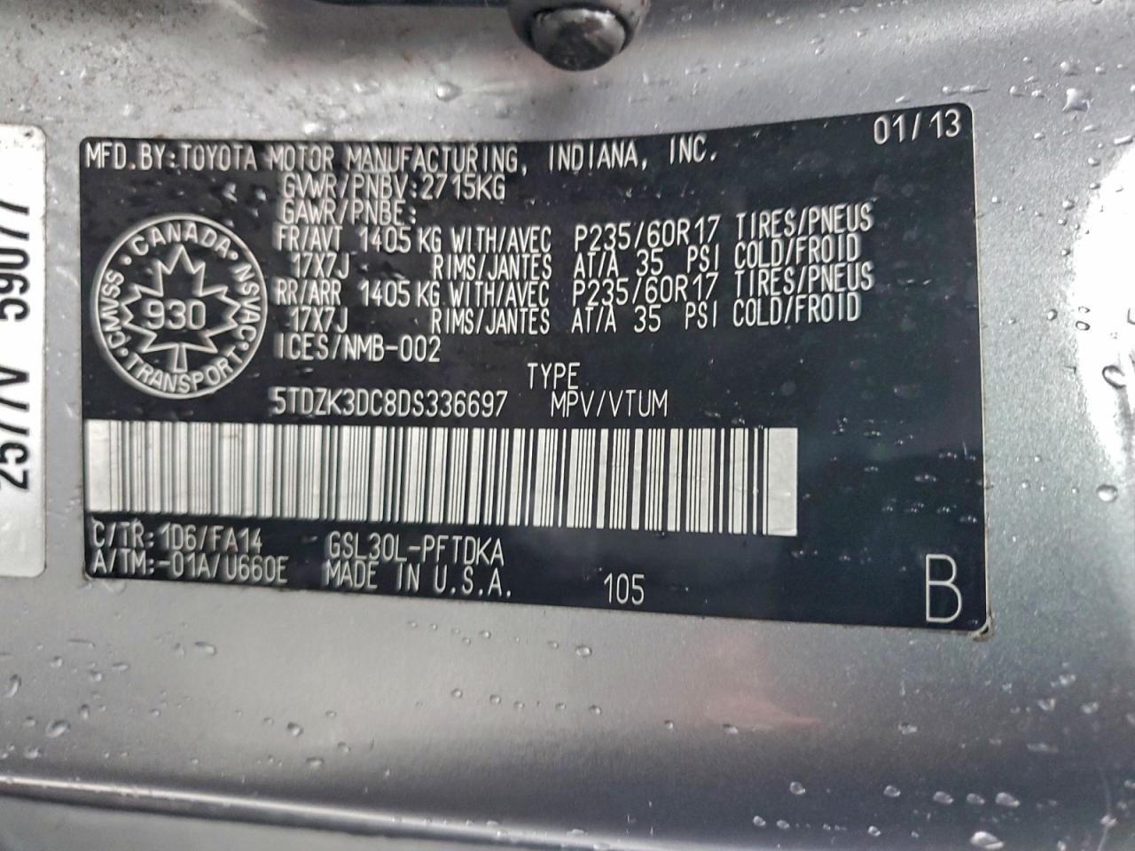 2013 Toyota Sienna VIN: 5TDZK3DC8DS336697 Lot: 94212395