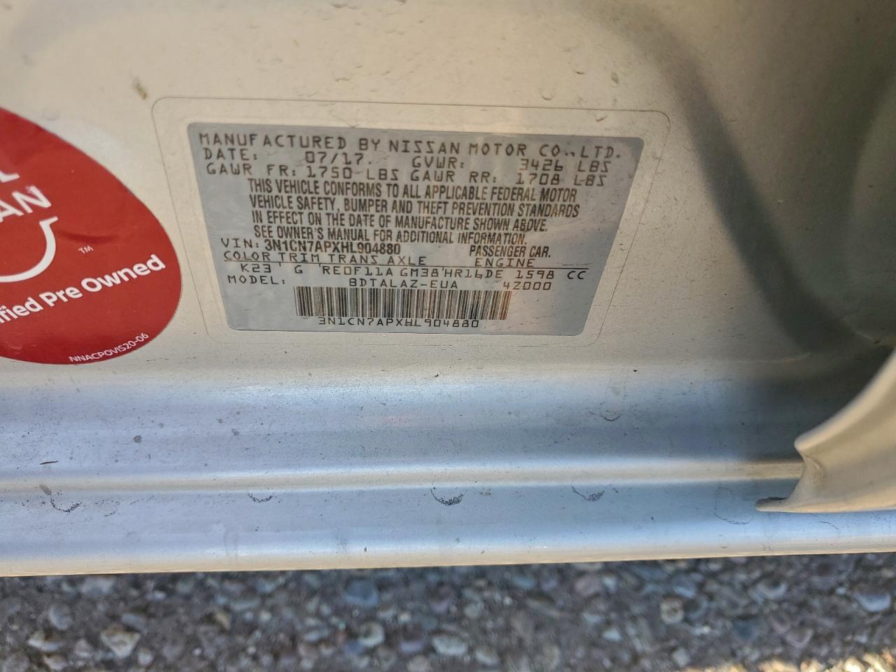 2017 Nissan Versa S VIN: 3N1CN7APXHL904880 Lot: 94777515