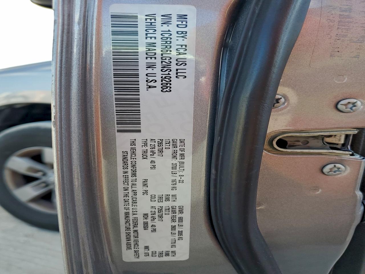 2022 Ram 1500 Classic Slt VIN: 1C6RR6LG2NS192663 Lot: 92572375