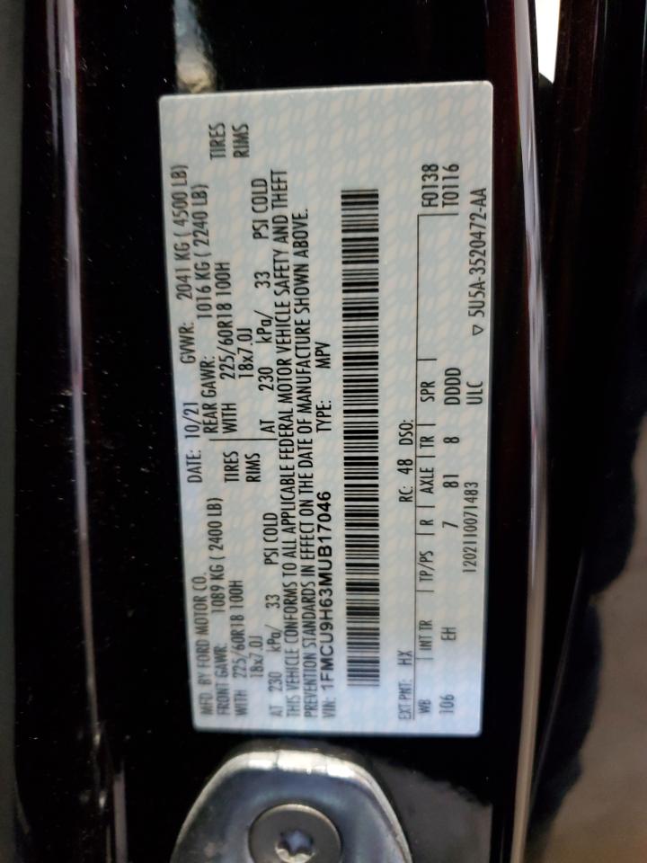 2021 Ford Escape Sel VIN: 1FMCU9H63MUB17046 Lot: 92873295