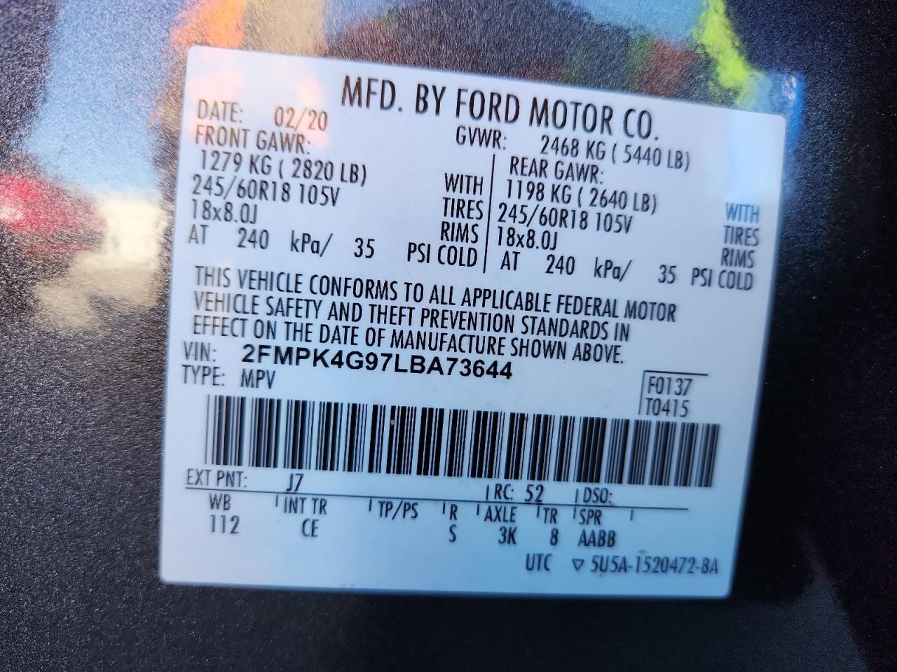 2020 Ford Edge Se VIN: 2FMPK4G97LBA73644 Lot: 85430485