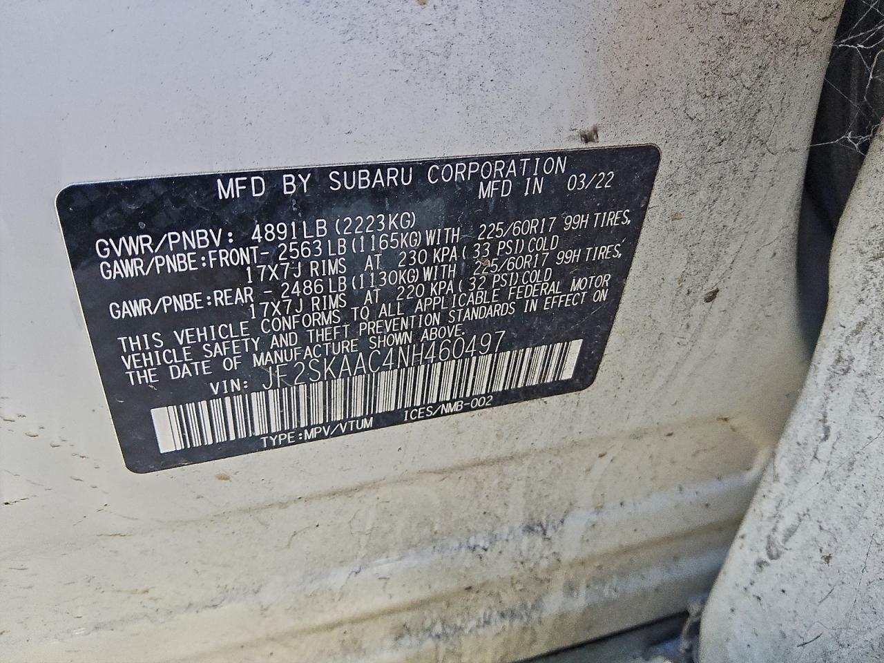 2022 Subaru Forester VIN: JF2SKAAC4NH460497 Lot: 90988395