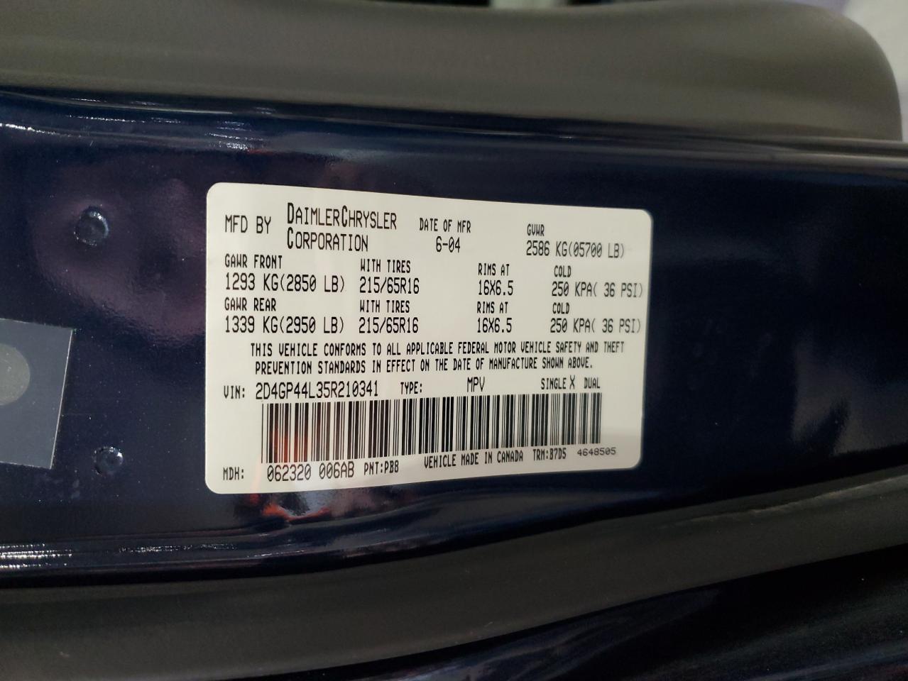 2005 Dodge Grand Caravan Sxt VIN: 2D4GP44L35R210341 Lot: 91497625