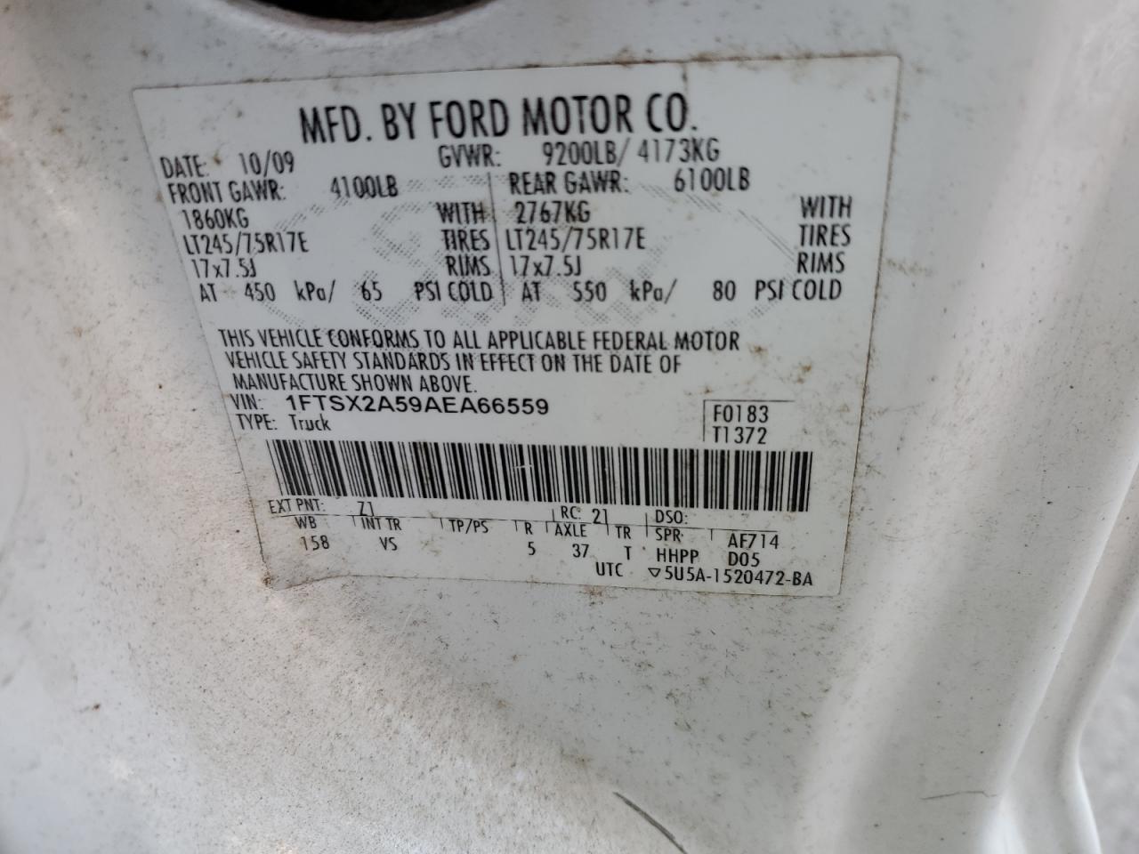 2010 Ford F250 Super Duty VIN: 1FTSX2A59AEA66559 Lot: 91897835