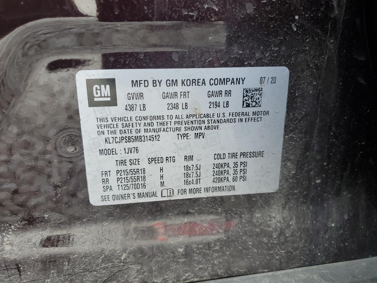 2021 Chevrolet Trax 1Lt VIN: KL7CJPSB5MB314512 Lot: 93063625