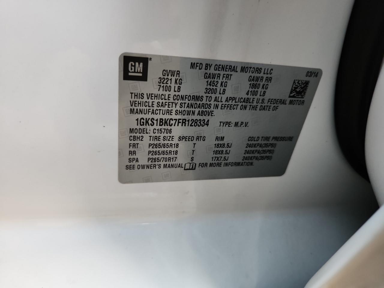 2015 GMC Yukon Slt VIN: 1GKS1BKC7FR128334 Lot: 90857335