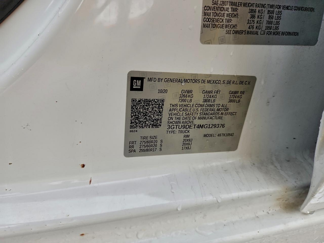 2021 GMC Sierra K1500 Slt VIN: 3GTU9DET4MG129376 Lot: 93865575