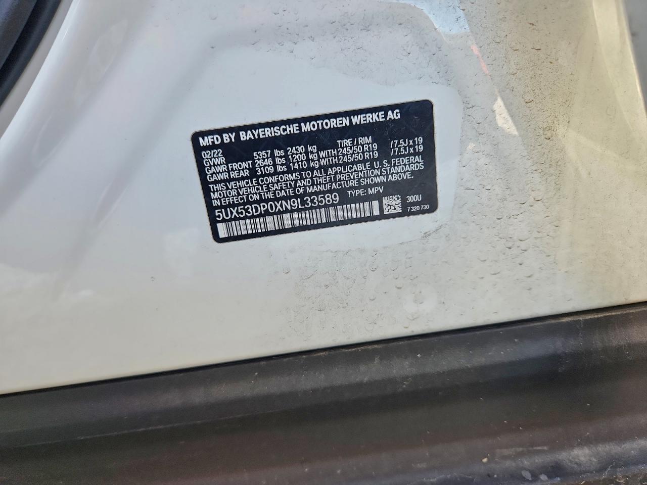 2022 BMW X3 xDrive30I VIN: 5UX53DP0XN9L33589 Lot: 94086455