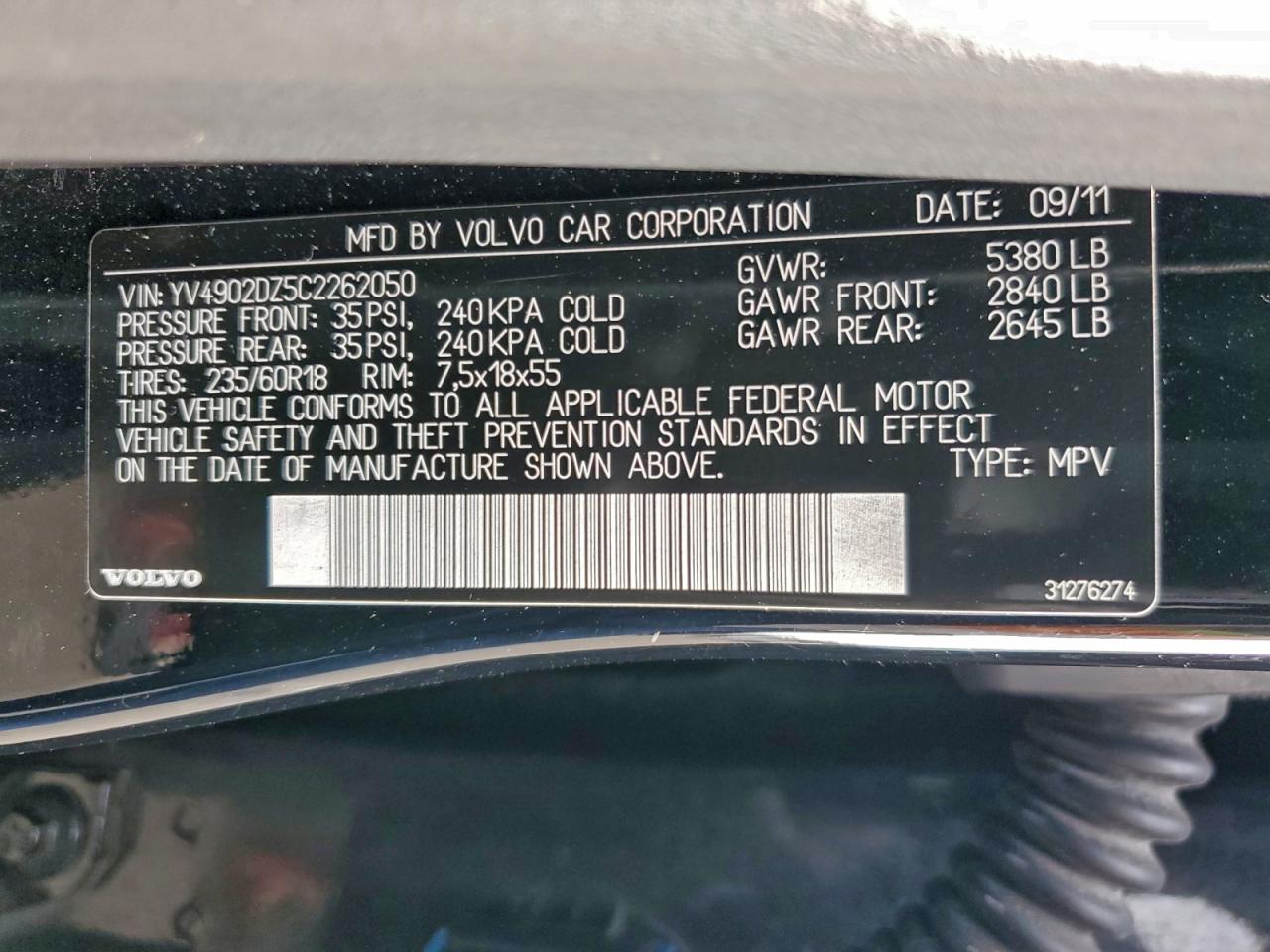 2012 Volvo Xc60 T6 VIN: YV4902DZ5C2262050 Lot: 93866915